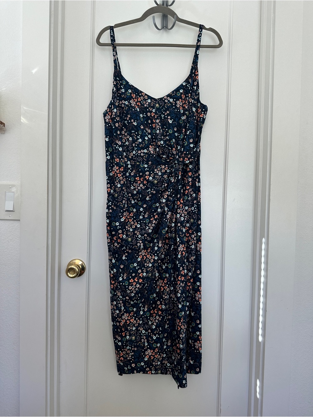 nine britton Navy Floral Midi Slip Dress with Spaghetti Straps